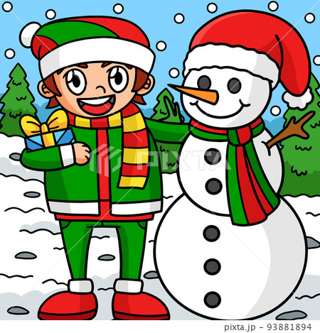 Christmas Snowman With A Boy Colored Illustration Christmas Snowman With A Boy Colored Illustration 93881894