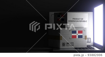 Cartons with PRODUCT OF DOMINICAN REPUBLIC text and flag on the laptop, black background. 3D rendering 93882006