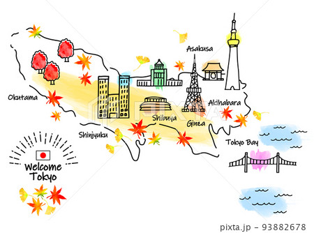 秋の東京の観光地シンプル線画イラストマップ 93882678