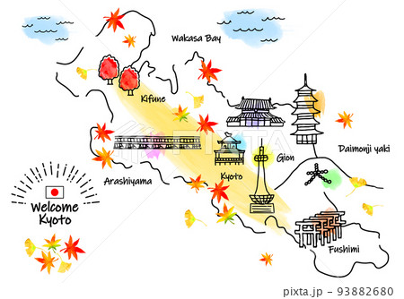 秋の京都の観光地シンプル線画イラストマップ