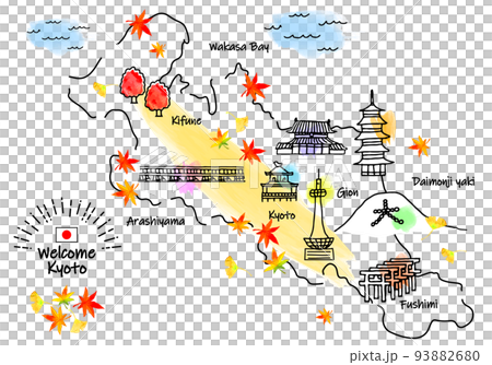 Autumn Kyoto sightseeing spot simple line drawing illustration map 93882680