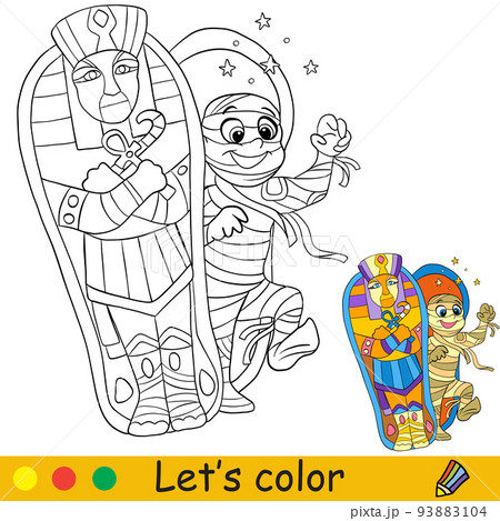 Halloween kids coloring with template mummy comes out of a sarcophagus Halloween kids coloring with template mummy comes out of a sarcophagus 93883104