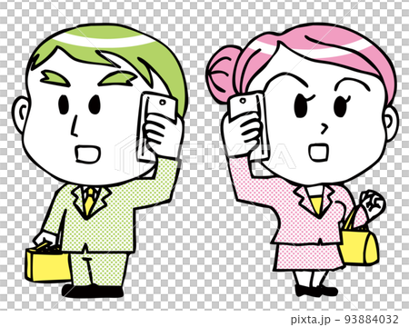 携帯電話をかけるかわいい二頭身の会社員男女のイラスト素材 携帯電話をかけるかわいい二頭身の会社員男女のイラスト素材