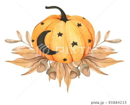 Watercolor floral pumpkins composition. Pumpkins for Halloween. Thanksgiving decor. 93884215
