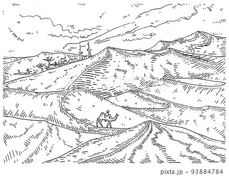 Bedouin and camel go to the oasis in the desert. Vintage vector engraving black illustration. 93884784