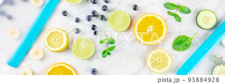 Food storage bags panorama with fresh fruit and vegetables, top shot 93884928