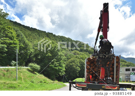 林業　トラックに木材の積み込み作業風景　 93885149