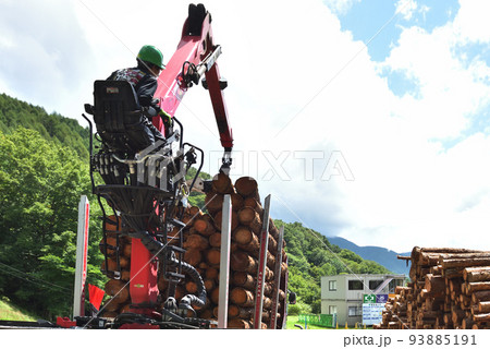 林業　トラックに木材の積み込み作業風景 93885191