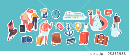 Set of Stickers People Summer Journey On Nautical Vessel. People Boarding On Cruise Liner Deck. Characters with Luggage Set of Stickers People Summer Journey On Nautical Vessel. People Boarding On Cruise Liner Deck. Characters with Luggage 93885988