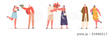 Young Couples Dating, Meet Up. Men Giving Bouquets to Girls. Boyfriend with Beautiful Flowers. Love, Human Relations 93886017