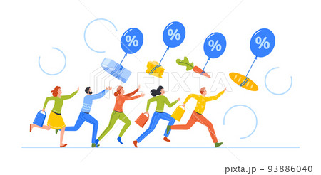 Food Inflation Concept. Consumer Characters Chase Grocery Goods Floating With Air Balloons. Price Index Rise Up 93886040