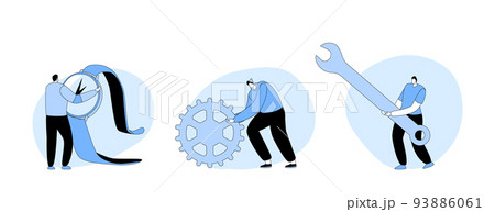 Tiny Characters with Huge Repair Tools and Instruments Fixing Broken Clocks and Watches. Men Holding Huge Cogwheel 93886061