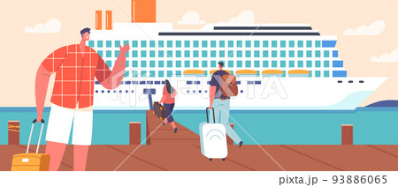Tourists Characters Waiting Boarding On Cruise Liner at Wooden Pier. People in Marine Voyage on Vacation Or Weekend 93886065