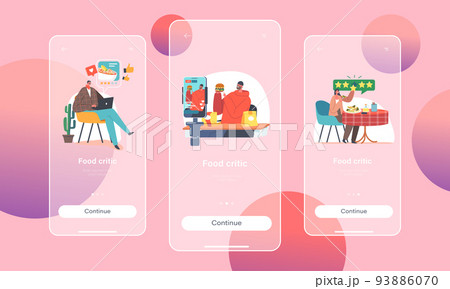 Food Critics Mobile App Page Onboard Screen Template. Professional Writers or Bloggers Reviewing Restaurant Cuisine Food Critics Mobile App Page Onboard Screen Template. Professional Writers or Bloggers Reviewing Restaurant Cuisine 93886070