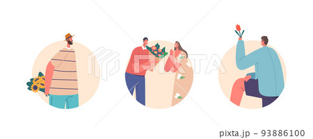 Young Couples Dating Isolated Round Icons. Boyfriend Give Flowers to Girlfriend, Men Giving Bouquets to Girls Young Couples Dating Isolated Round Icons. Boyfriend Give Flowers to Girlfriend, Men Giving Bouquets to Girls 93886100