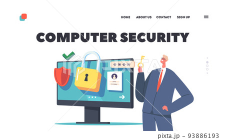 Data Protection, Security or Privacy in Internet Landing Page Template. Character near Computer with Strong Password 93886193