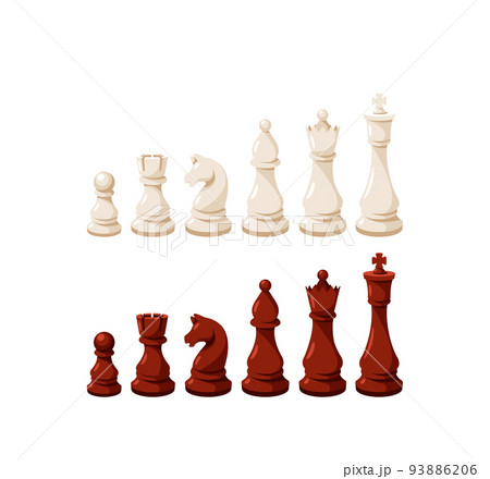 Chess Game Pieces Stand in Row, White and Brown Figures King, Queen, Rook, Knight, Bishop, Pawn Isolated On White 93886206