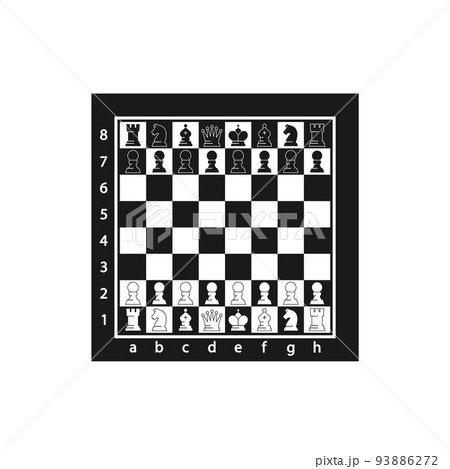 Chess Figures On Chessboard Top View. Black And White Game Pieces King, Queen, Rook, Knight, Bishop, Pawn On Board 93886272