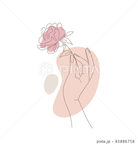 linear drawing hand holds a flower and abstract spots on the background, illustration by hand. 93886758