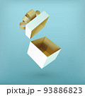 Christmas empty open white gift box with golden ribbon bow. 3D Xmas realistic vector object. 93886823