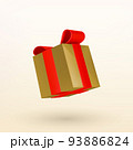Christmas golden gift box with red ribbon bow. 3D Xmas realistic vector object. 93886824