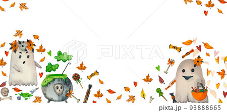 Rectangular board for Halloween. Cute ghosts and autumn leaves hand-painted in watercolor on a white background. Suitable for Halloween, scrapbooking, greeting cards, invitations. Rectangular board for Halloween. Cute ghosts and autumn leaves hand-painted in watercolor on a white background. Suitable for Halloween, scrapbooking, greeting cards, invitations. 93888665