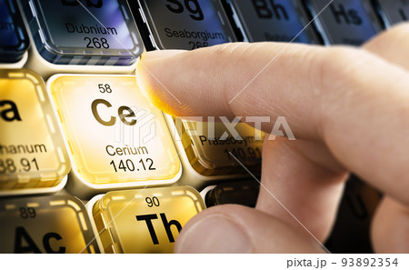 Periodic table. Chemical elements. Cerium, symbol CE. Periodic table. Chemical elements. Cerium, symbol CE. 93892354