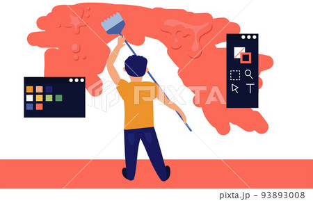 Artist draws art and paint creativity. Artistic painting with palette work and pen tool cartoon vector illustration. Man illustrator hold paintbrush and drawing canvas. Class lesson with painter Artist draws art and paint creativity. Artistic painting with palette work and pen tool cartoon vector illustration. Man illustrator hold paintbrush and drawing canvas. Class lesson with painter 93893008