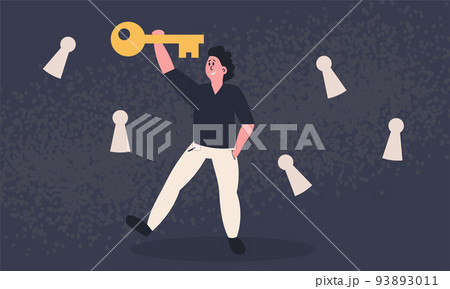 Man find key for keyhole and business concept search solution and discovery analyzing vector illustration. Searching idea lock and innovation brain. Marketing successful growth and investment progress 93893011