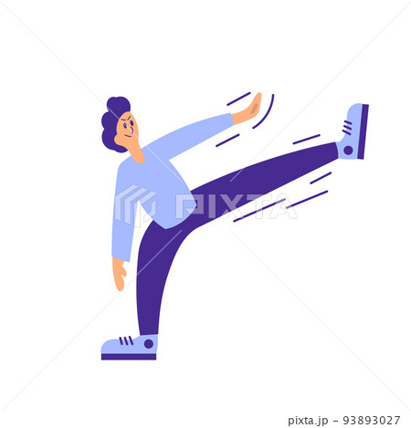 Male karateka and sport karate. Man fighter vector illustration icon isolated white and martial training. Person kick and taekwondo athlete silhouette. Fighting active and human combat action power 93893027