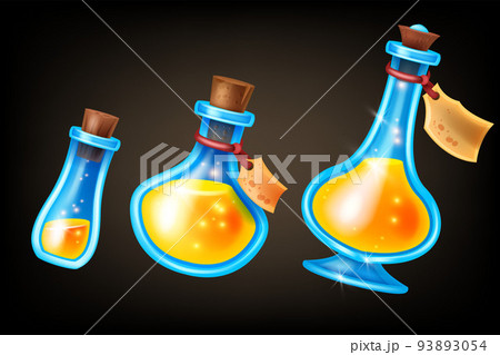 Potion bottle game UI set, magic RPG level up wizard vial icon kit, shiny vector glass flask, cork 93893054