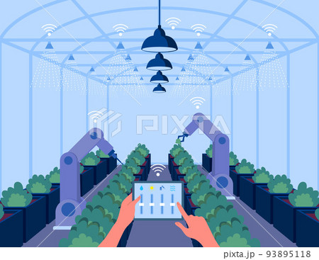 Cartoon Color Smart Greenhouse Hitech Concept Using Tablet to Control Temperature, Humidity and Light Flat Design Style. Vector illustration of Agricultural Technology Cartoon Color Smart Greenhouse Hitech Concept Using Tablet to Control Temperature, Humidity and Light Flat Design Style. Vector illustration of Agricultural Technology 93895118