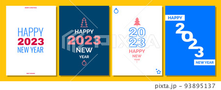 Cartoon Color Happy New Year 2023 Concept Poster Card Invitation Concept with Geometric Fir Tree Flat Design Style. Vector illustration 93895137