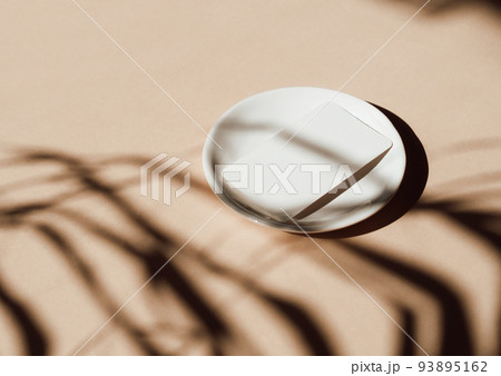 White business card branding mockup template on white plate in dry palm shadow background White business card branding mockup template on white plate in dry palm shadow background 93895162