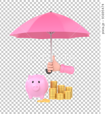 3D. Cartoon hand holding pink umbrella to protect money. illustration for savings concept. 3D. Cartoon hand holding pink umbrella to protect money. illustration for savings concept. 93895474