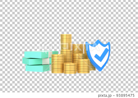 3D. Protection shield icon with coins, banknote, financial saving insurance. 93895475