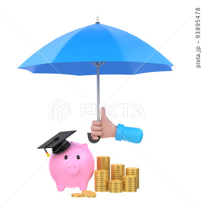 3D. Cartoon hand holding blue umbrella to protect piggy bank and money. education plan concept. 93895478