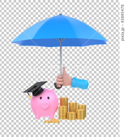 3D. Cartoon hand holding blue umbrella to protect piggy bank and money. education plan concept. 93895478