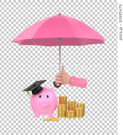 3D. Cartoon hand holding pink umbrella to protect piggy bank and money. education plan concept. 93895479