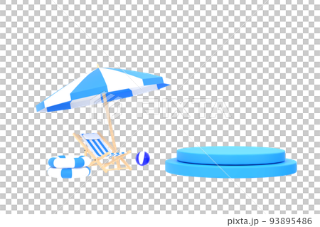 3D. beach umbrella, beach ball, swimming ring and beach chair. Summer travel and holiday concept. 3D. beach umbrella, beach ball, swimming ring and beach chair. Summer travel and holiday concept. 93895486