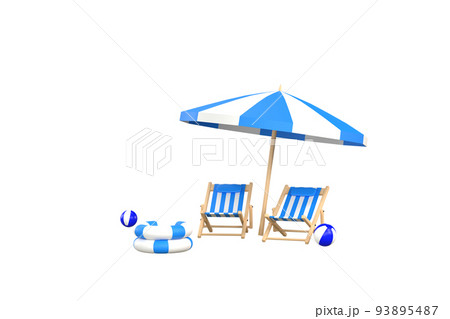 3D. beach umbrella, beach ball, swimming ring and beach chair. Summer travel and holiday concept. 3D. beach umbrella, beach ball, swimming ring and beach chair. Summer travel and holiday concept. 93895487