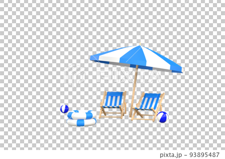 3D. beach umbrella, beach ball, swimming ring and beach chair. Summer travel and holiday concept. 3D. beach umbrella, beach ball, swimming ring and beach chair. Summer travel and holiday concept. 93895487