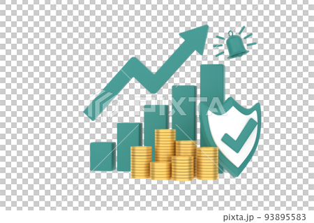 3D. green rising arrow, profit bar graph and shield with multiple arrangements of coins. 3D. green rising arrow, profit bar graph and shield with multiple arrangements of coins. 93895583