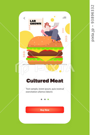 woman with laptop sitting on cultured beef burger made from animal cells artificial lab grown meat production 93896332