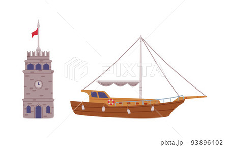 Izmir Clock Tower with Flag and Wooden Boat as Turkey Building and Marine Transport Vector Set Izmir Clock Tower with Flag and Wooden Boat as Turkey Building and Marine Transport Vector Set 93896402