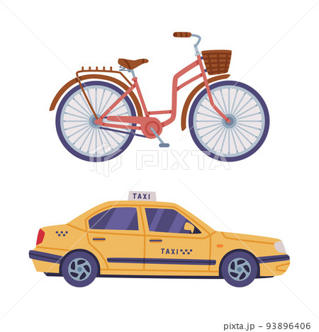 Bicycle with Basket and Taxi Yellow Cab as Turkey Transport Vector Set 93896406