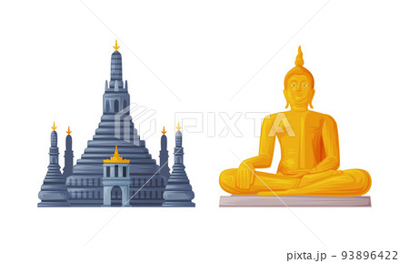 Wat Arun and Buddha Golden Statue as Thailand Symbol and Famous Landmark Vector Set Wat Arun and Buddha Golden Statue as Thailand Symbol and Famous Landmark Vector Set 93896422