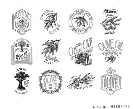 Set of Olive oil and branch of trees logo. Organic vegetarian product in bottle. Green plant badge 93897477