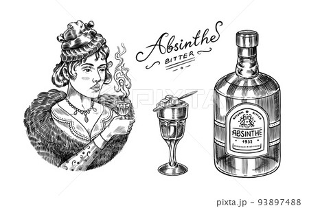Absinthe label badge. Bottle and Shot glass. Victorian woman holding a toast drink. Strong Alcohol Absinthe label badge. Bottle and Shot glass. Victorian woman holding a toast drink. Strong Alcohol 93897488