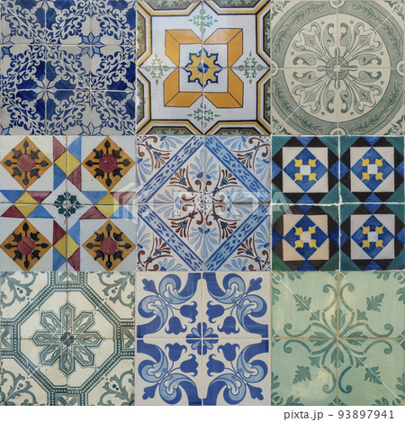 Collage of different colorful pattern ceramic tiles from facade of old houses in Lisbon Portugal. Set of portuguese traditional Azulejos decorative artistic design background, creative texture surface Collage of different colorful pattern ceramic tiles from facade of old houses in Lisbon Portugal. Set of portuguese traditional Azulejos decorative artistic design background, creative texture surface 93897941